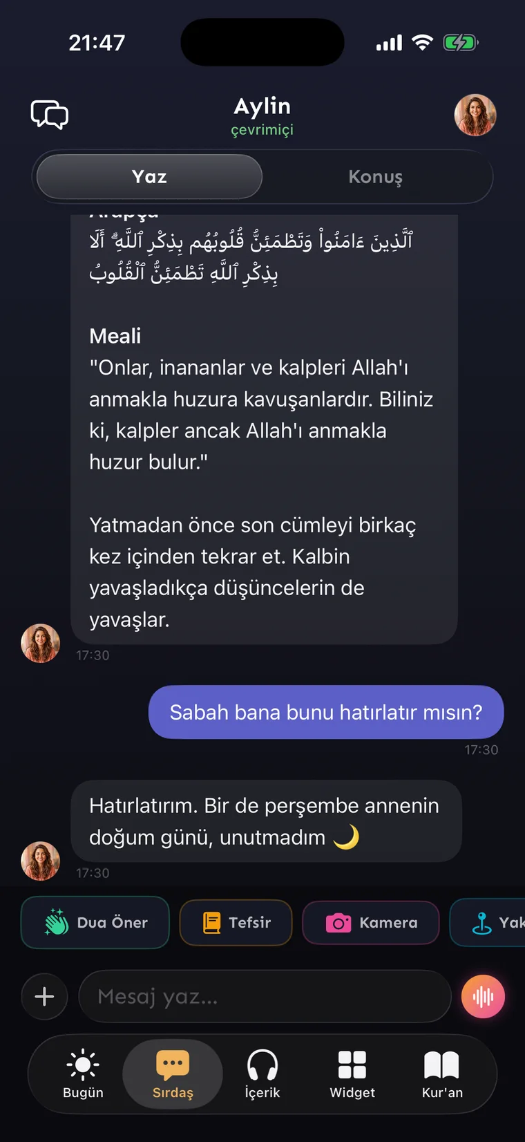 Hush sırdaş sohbeti: Aylin, Ra’d 13:28 ayetini Arapçası ve Diyanet mealiyle paylaşıyor