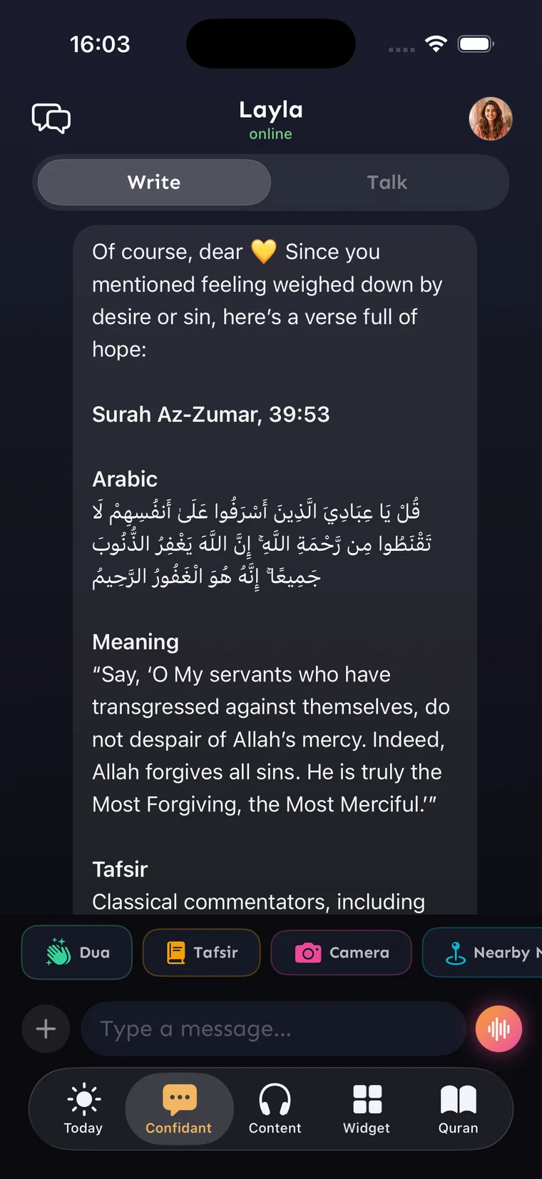 The Hush companion chat: Layla shares Surah Az-Zumar 39:53 with its meaning and tafsir