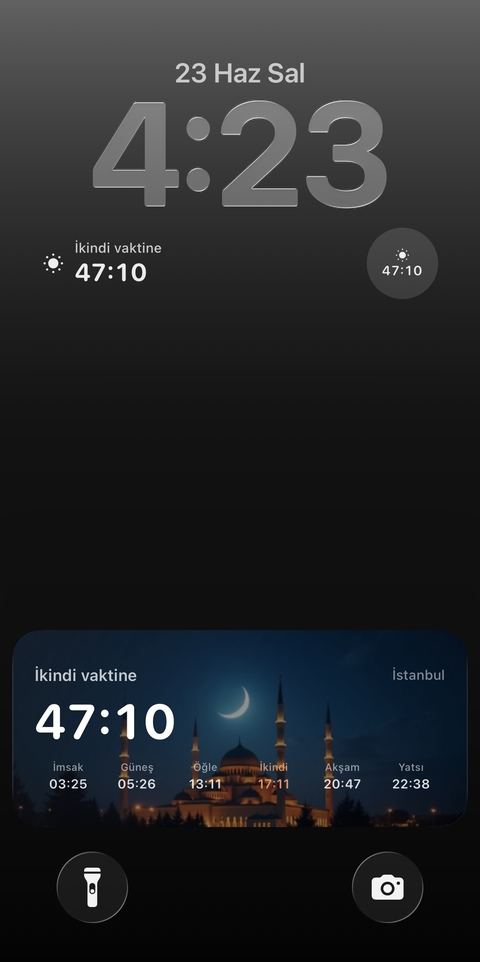 Hush prayer-time widget on an iPhone lock screen